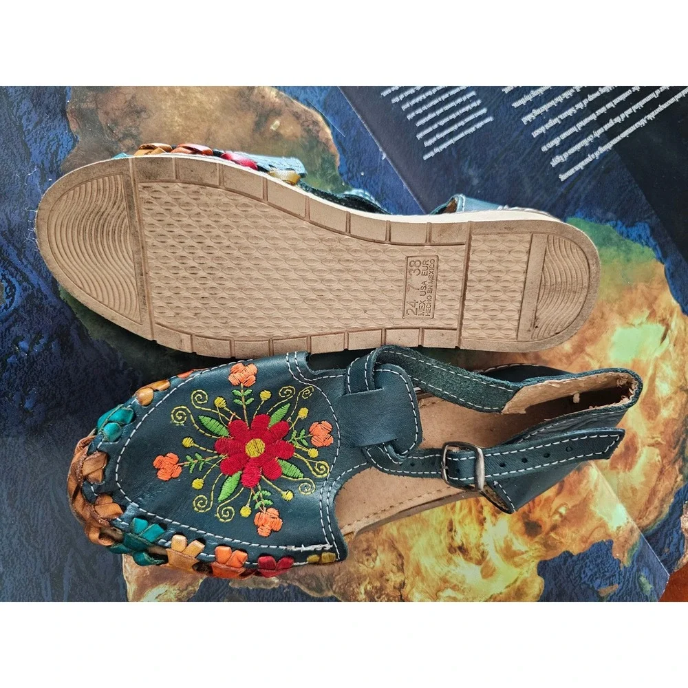 Mexican Huarache Sandals Teal Leather Floral Embroidered Woven Flats Womens 7 38